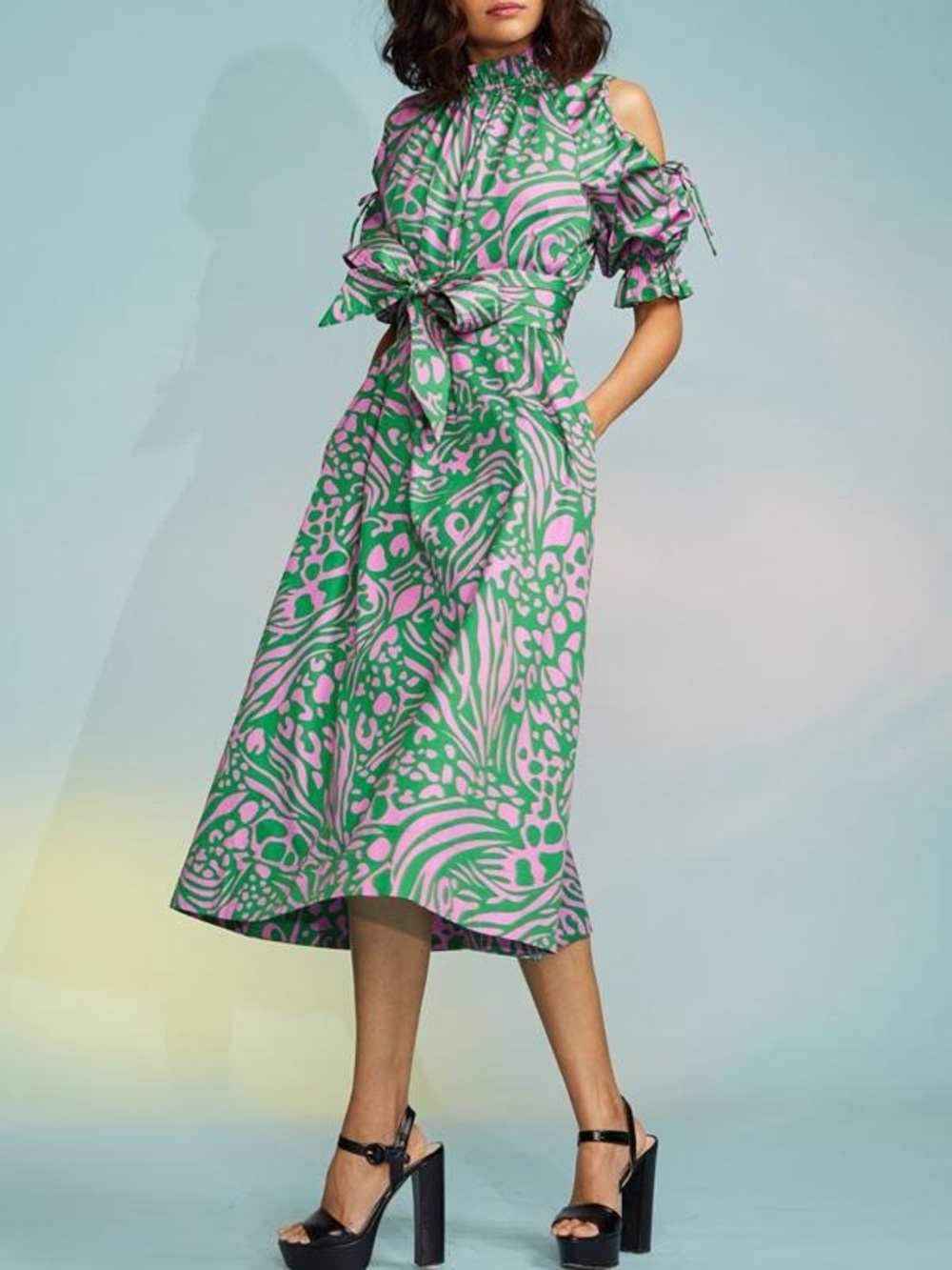 Cynthia Rowley Pink and Green Cold-Shoulder Tie-Waist Midi Dress